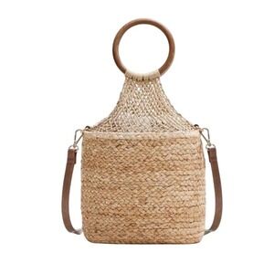Mango MNG Jute Drawstring Straw Bucket Bag Top Handle Ring Detail Shoulder Bag‎